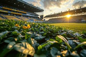 ai generiert üppig Grün Rasen beim Fußball Fußball Sport Stadion Fachmann Fotografie foto