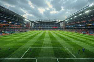 ai generiert üppig Grün Rasen beim Fußball Fußball Sport Stadion Fachmann Fotografie foto