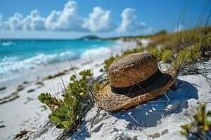 ai generiert Stroh Hut auf das Sand Strand Fachmann Fotografie foto