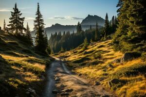 ai generiert beim das Kante von das Wald Wicklung Straße erstreckt sich zurück Fachmann Fotografie foto