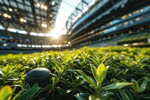 ai generiert üppig Grün Rasen beim Fußball Fußball Sport Stadion Fachmann Fotografie foto