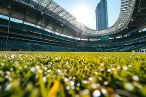 ai generiert üppig Grün Rasen beim Fußball Fußball Sport Stadion Fachmann Fotografie foto