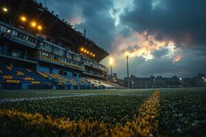 ai generiert üppig Grün Rasen beim Fußball Fußball Sport Stadion Fachmann Fotografie foto