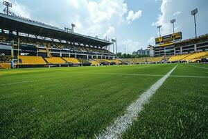 ai generiert üppig Grün Rasen beim Fußball Fußball Sport Stadion Fachmann Fotografie foto