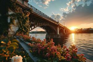 ai generiert golden Stunde Foto von das Brücke mit dramatisch Beleuchtung Fachmann Fotografie