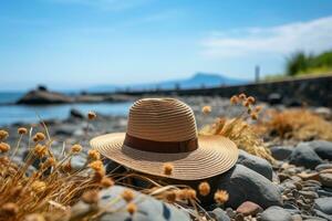 ai generiert Stroh Hut auf das Sand Strand Fachmann Fotografie foto