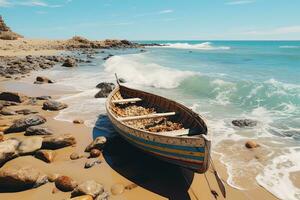 ai generiert schön Seelandschaft Strand Ozean mit bunt Boote Fachmann Fotografie foto