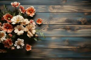 ai generiert hölzern Tabelle mit Blumen Fachmann Fotografie foto