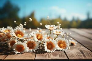 ai generiert hölzern Tabelle mit Blumen im das Hintergrund Fachmann Fotografie foto