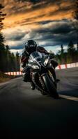 ai generiert schnell Motorrad Rennen auf Autobahn mit Himmel und Wolken foto