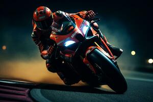 ai generiert einfrieren das Intensität von ein motogp Bewegung während ein Meisterschaft Spiel. generativ ai foto