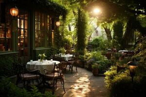 ai generiert Luxus Restaurant im Paris, Frankreich. luxuriös Restaurant im Paris, Frankreich, ein intim Italienisch Cafe, einstellen im ein gemütlich, Garten, ai generiert foto