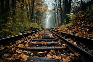 ai generiert Eisenbahn im das Herbst Wald. schön Herbst Landschaft. selektiv Fokus, ai generiert foto