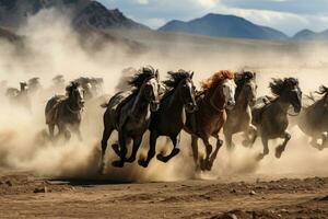 ai generiert wild Pferd Hengste Kampf im das Utah Wüste, vereinigt Zustände von Amerika, ein heftig Pferd Rennen im das riesig mongolisch Steppe, ai generiert foto