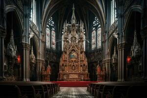 ai generiert Innere von st. Vitus Dom, Prag, Tschechisch Republik, ein kompliziert gotisch Kathedrale Innere, ai generiert foto