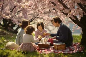 ai generiert glücklich Familie haben Picknick im Blühen Frühling Garten. Mutter, Vater und Kinder Sitzung auf Gras und lesen Bücher, ein Familie haben ein Picknick unter ein Kirsche blühen Baum, ai generiert foto