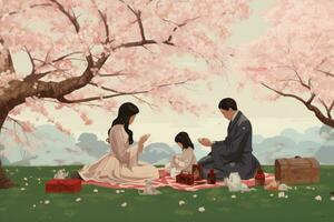 ai generiert glücklich Familie Picknick im Kirsche blühen Sakura Garten. Vektor Illustration, ein Familie haben ein Picknick unter ein Kirsche blühen Baum, ai generiert foto