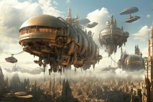 ai generiert Fantasie Außerirdischer Planet. 3d Illustration. 3d CG. hoch Auflösung, ein faszinierend Steampunk Welt mit Luftschiffe Kreuzfahrt inmitten Hochhäuser, ai generiert foto