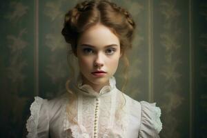 ai generiert Porträt von ein schön jung Frau im viktorianisch Kleid. retro Stil, ein intim Porträt von ein Frau im ein viktorianisch Kleid, ai generiert foto