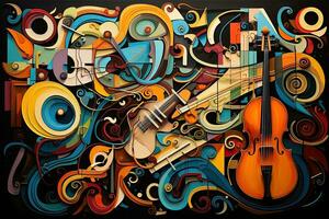 ai generiert abstrakt bunt Musik- Hintergrund mit Violine und Musical Instrumente. Vektor Illustration, ai generiert foto