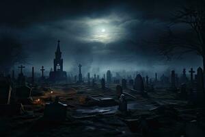 ai generiert gotisch Friedhof beim Nacht mit voll Mond, 3d Wiedergabe, ai generiert foto