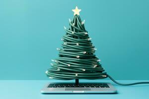 ai generiert Weihnachten Baum gemacht oben mit Ladegerät Kabel Elektronik Konzept Hintergrund Kopieren Raum foto