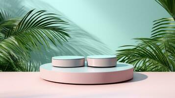 ai generiert modern Produkt Anzeige Podium mit ein Pastell- Rosa und Minze Farbe planen, flankiert durch tropisch Palme Wedel Gießen Sanft Schatten. foto