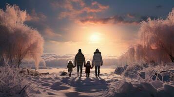 ai generiert Familie von vier, silhouettiert gegen ein atemberaubend schneebedeckt Sonnenuntergang, schafft ein herzerwärmend Szene von Zusammengehörigkeit im des Winters umarmen. foto