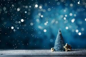 ai generiert Blau dekoriert Weihnachten Baum auf hölzern Tabelle und Blau verschwommen Hintergrund. Kopieren Raum foto