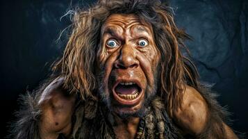 ai generiert Neandertaler mit wild Haar und ein ursprünglich Ausdruck von Erstaunen oder Furcht, einstellen gegen ein dunkel, gedämpft Hintergrund foto