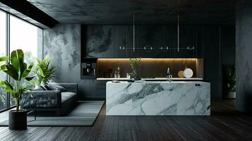 ai generiert schwarz Leben Zimmer Innere Design mit Sofa minimal ästhetisch 3d gerendert foto