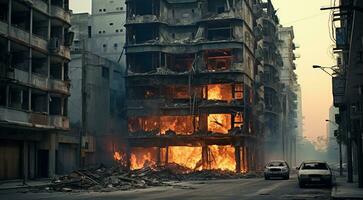 ai generiert Verbrennung Gebäude nach das Krieg, Krieg Szene, brennend Häuser foto