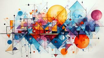 ai generiert abstrakt mehrfarbig geometrisch Kritzeleien Gemälde auf Leinwand. irregulär spritzt von Tinte, runden, Rechteck, Dreieck Farbe Flecken. generativ ai foto