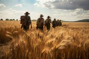 ai generiert Soldaten Gehen durch ein Feld von Weizen auf ein sonnig Tag, ai generiert foto