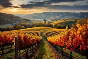 ai generiert Weinberge im Herbst Farben beim Sonnenuntergang. toskana, Italien, ai generiert foto