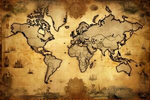 ai generiert Jahrgang Karte von das Welt auf das alt Papier Hintergrund. Sepia Ton, ai generiert foto