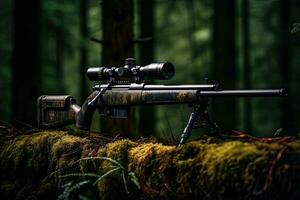 ai generiert Scharfschütze Gewehr mit Umfang auf Wald Hintergrund. selektiv Fokus, ai generiert foto