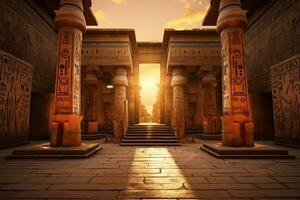 ai generiert ägyptisch Tempel beim Sonnenuntergang mit Hieroglyphen. 3d Wiedergabe, ai generiert foto