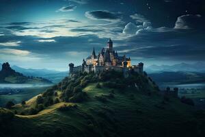 ai generiert Fantasie Landschaft mit Schloss auf das Hügel beim Nacht. 3d Wiedergabe, ai generiert foto