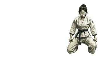 Karate Frau Kämpfer im Kimono. Mädchen selbst Verteidigung Fähigkeiten. Mädchen im Weiß Kimono. Kopieren Raum foto