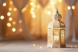 ai generiert eid dekorativ traditionell Lampen auf Weiß Bokeh Hintergrund foto