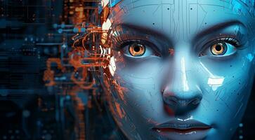 ai generiert abstrakt ai Gesicht auf Technologie Hintergrund, ai Menschen Gesicht auf Hintergrund, Technologie ai Gesicht, bionisch Roboter Gesicht foto