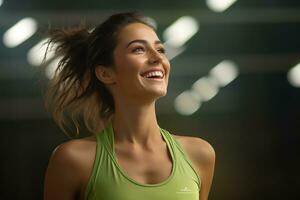 ai generiert Porträt von ein glücklich jung Fitness Frau generativ ai foto