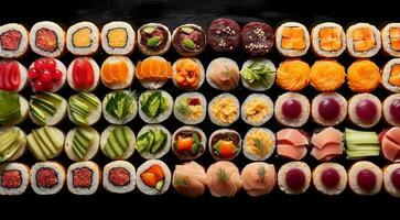 ai generiert Nahansicht von Sushi Rollen auf das Tisch, Sushi Rollen Satz, Sushi Hintergrund, einstellen von Sushi Rollen, Meeresfrüchte Satz, entworfen Shushi Rollen foto