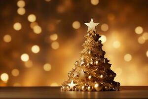 ai generiert golden dekoriert Weihnachten Baum auf hölzern Tabelle und golden verschwommen Hintergrund. Kopieren Raum foto
