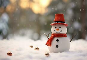 ai generiert glücklich Schneemann im Winter Landschaft beim Dämmerung mit Kopieren Raum foto