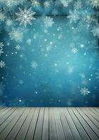 ai generiert fröhlich Weihnachten und glücklich Neu Jahr Gruß Hintergrund mit Tisch. Winter Landschaft mit Schneeflocken. Copyspace zum Text foto