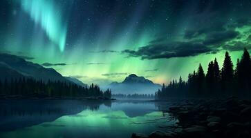 ai generiert Landschaft mit Wolken und Sterne, sternenklar Nacht, Polar- Beleuchtung foto