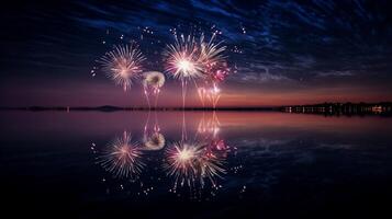 ai generiert Erfassung das Betrachtung von Feuerwerk auf das Oberfläche von ein Ruhe Körper von Wasser. generativ ai foto