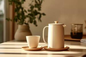 ein minimalistisch Szene mit ein Keramik Kaffee Becher und ein Französisch Drücken Sie, mit das Fokus auf das brauen Prozess generativ ai foto